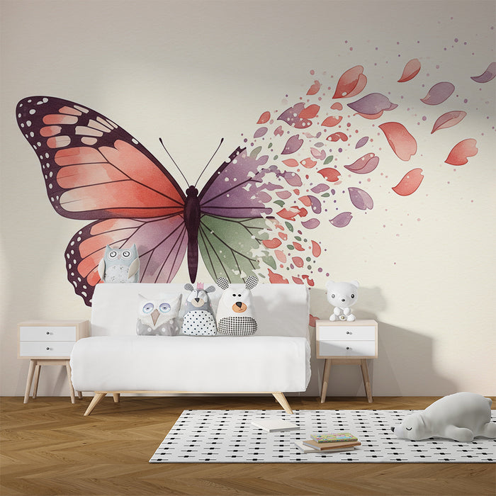 Papier peint chambre bébé | Papillon délicat avec pétales colorés