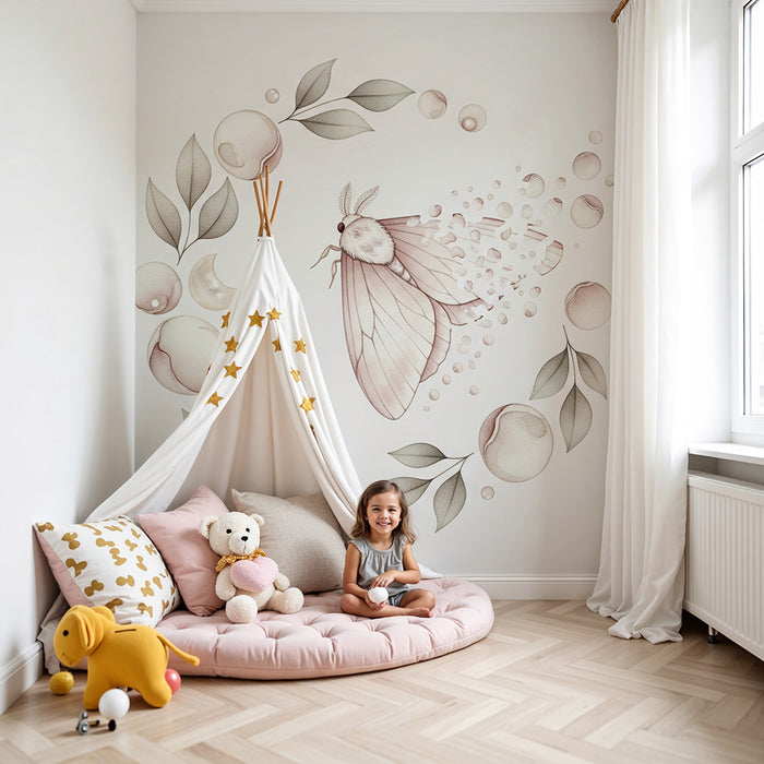 Papier peint chambre bébé | Papillon délicat et éléments naturels dans des teintes douces