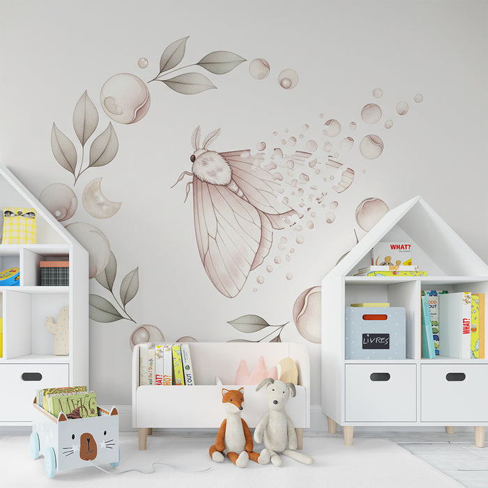 Papier peint chambre bébé | Papillon délicat et éléments naturels dans des teintes douces