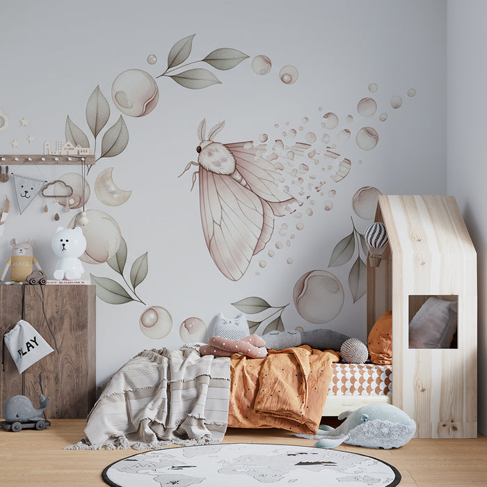 Papier peint chambre bébé | Papillon délicat et éléments naturels dans des teintes douces