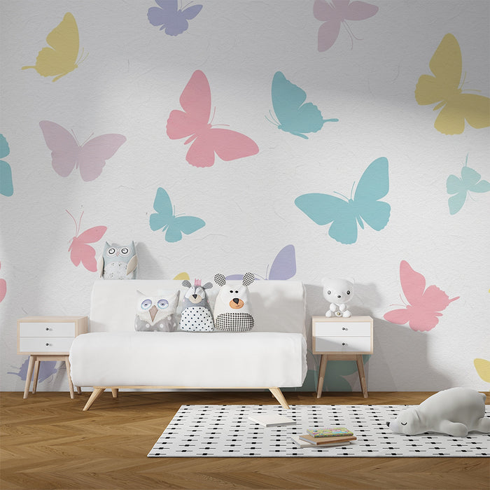 Tapety dla dzieci | Kolorowe motyle w pastelowych odcieniach na białym tle