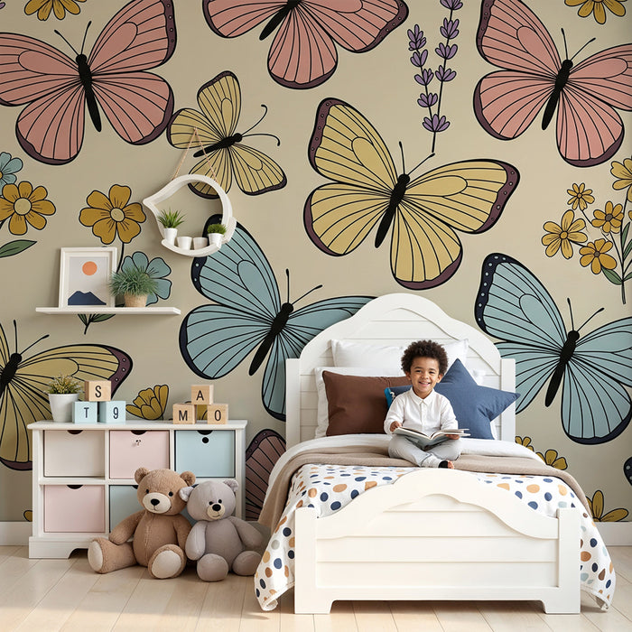 Nursery Wallpaper | Colorful Butterflies and Flowers