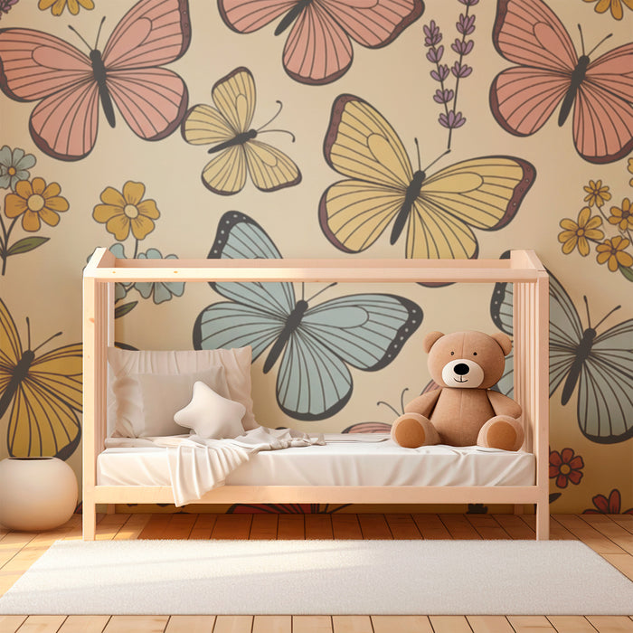 Nursery Wallpaper | Colorful Butterflies and Flowers