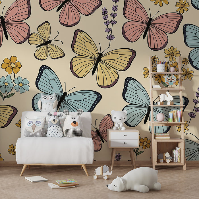 Nursery Wallpaper | Colorful Butterflies and Flowers