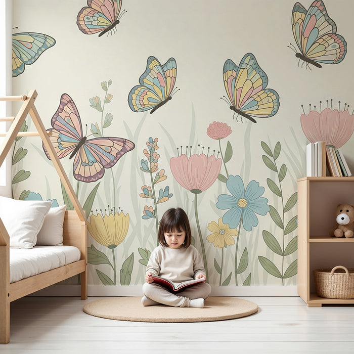 Nursery room wallpaper | Colorful butterflies and delicate flowers in an enchanted garden