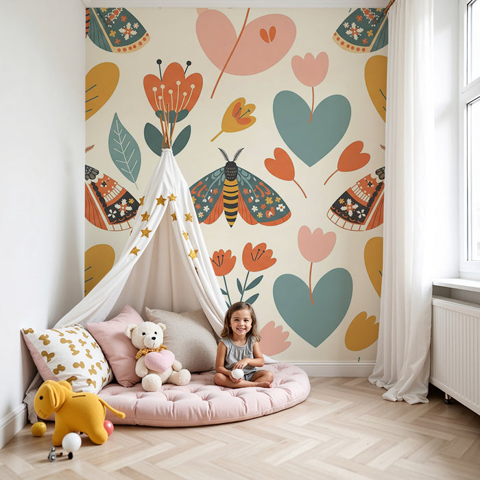 Papel pintado para habitación infantil | Mariposas de colores y flores delicadas sobre fondo suave