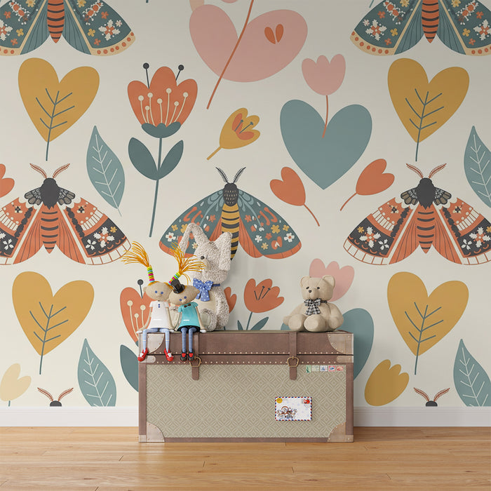 Papel pintado para habitación infantil | Mariposas de colores y flores delicadas sobre fondo suave