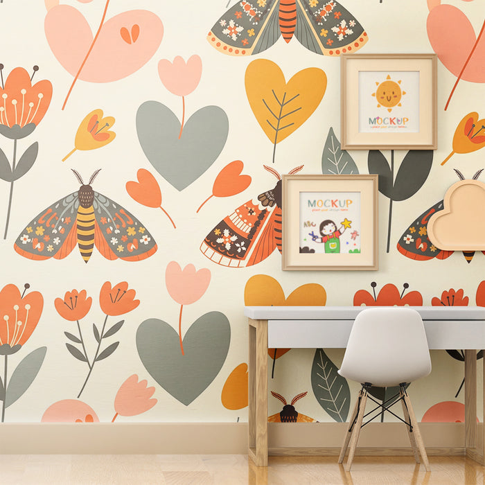 Papel pintado para habitación infantil | Mariposas de colores y flores delicadas sobre fondo suave