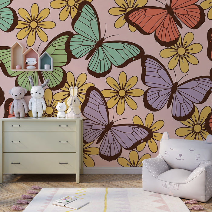 Babykamerbehang | Kleurrijke vlinders en bloemen op roze achtergrond