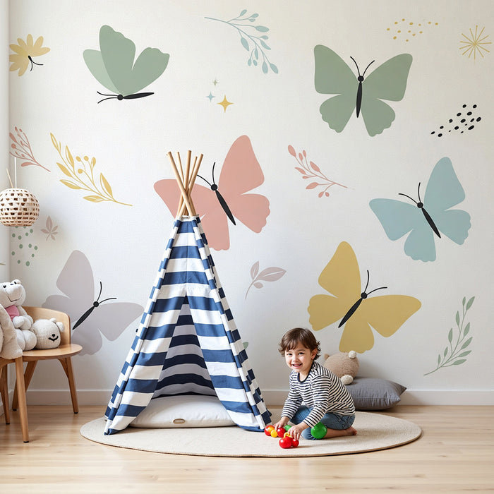 Paberi tapeet beebi tuba | Värvilised liblikad ja õrnad lillelised mustrid