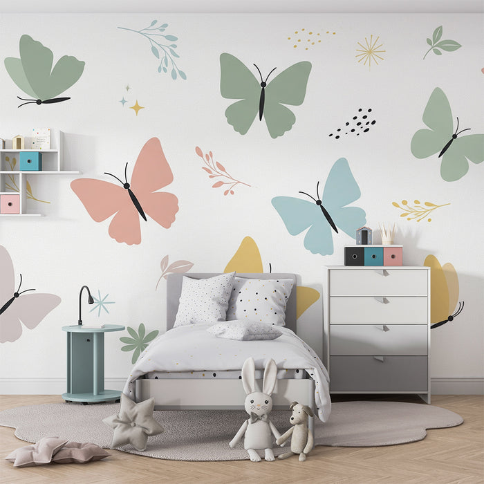 Paberi tapeet beebi tuba | Värvilised liblikad ja õrnad lillelised mustrid