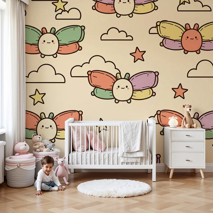 Papier peint chambre bébé | Papillons colorés et nuages doux sur fond pastel