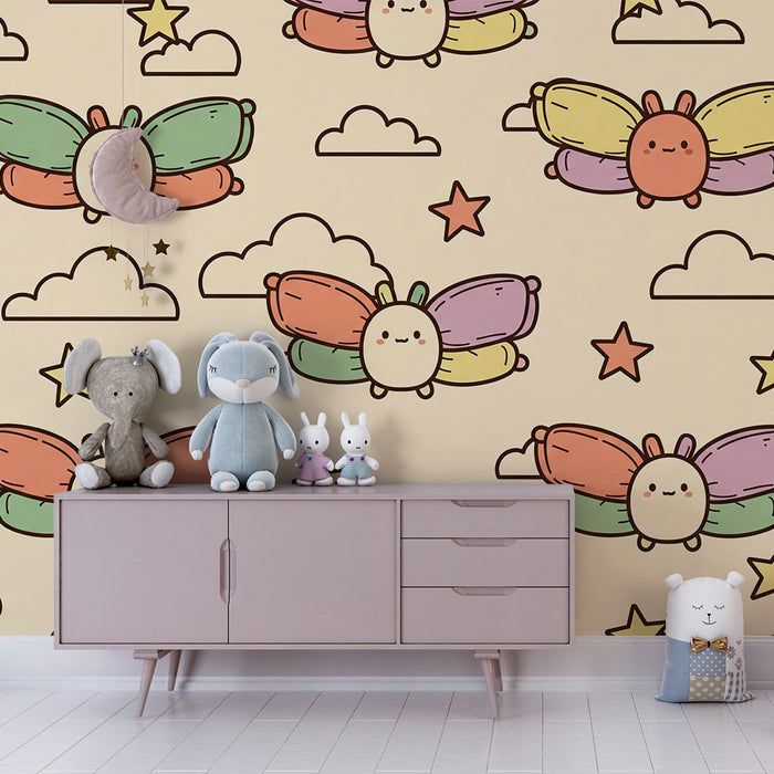 Papier peint chambre bébé | Papillons colorés et nuages doux sur fond pastel