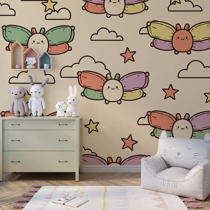 Papier peint chambre bébé | Papillons colorés et nuages doux sur fond pastel