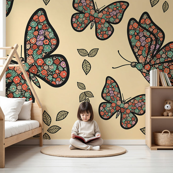 Babyzimmer-Tapete | Bunte Schmetterlinge mit Blumen auf sanftem Grund