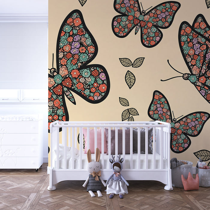 Babyzimmer-Tapete | Bunte Schmetterlinge mit Blumen auf sanftem Grund