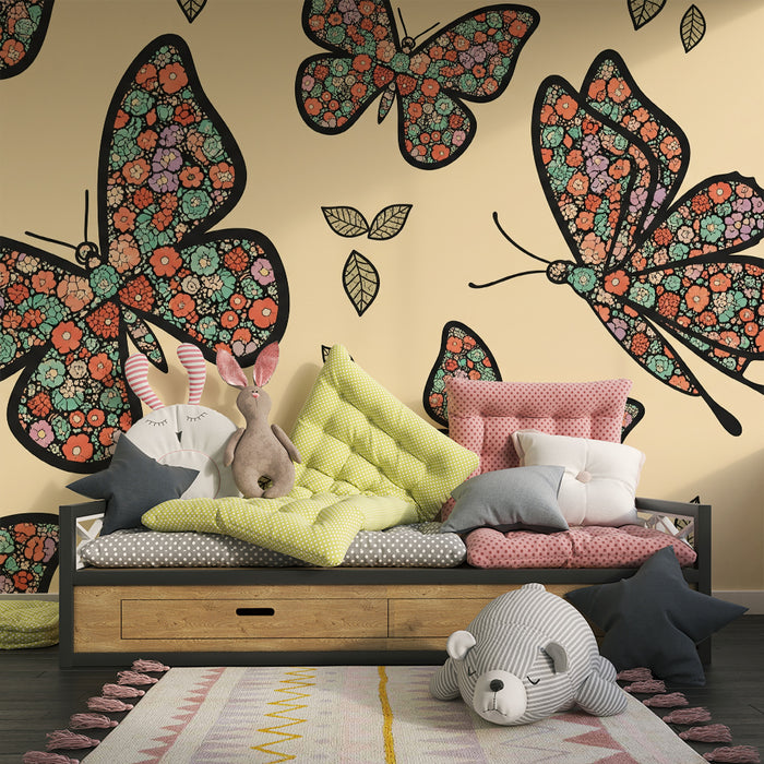 Babyzimmer-Tapete | Bunte Schmetterlinge mit Blumen auf sanftem Grund