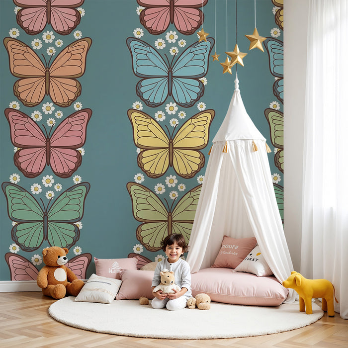 Behang voor babykamer | Kleurrijke vlinders op blauwe achtergrond met witte bloemen