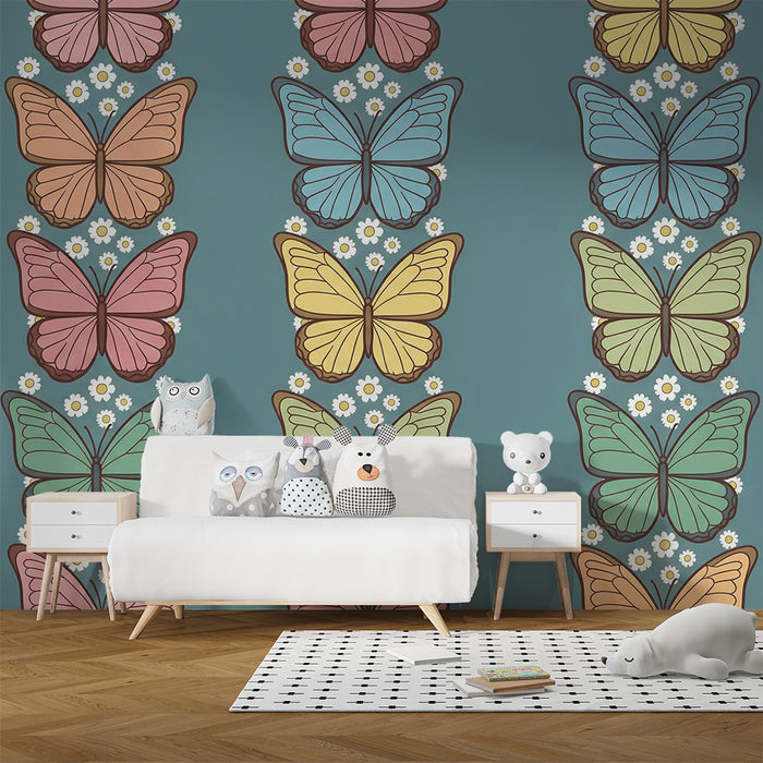 Behang voor babykamer | Kleurrijke vlinders op blauwe achtergrond met witte bloemen