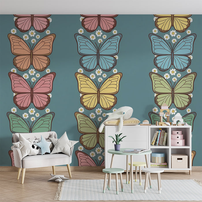Behang voor babykamer | Kleurrijke vlinders op blauwe achtergrond met witte bloemen