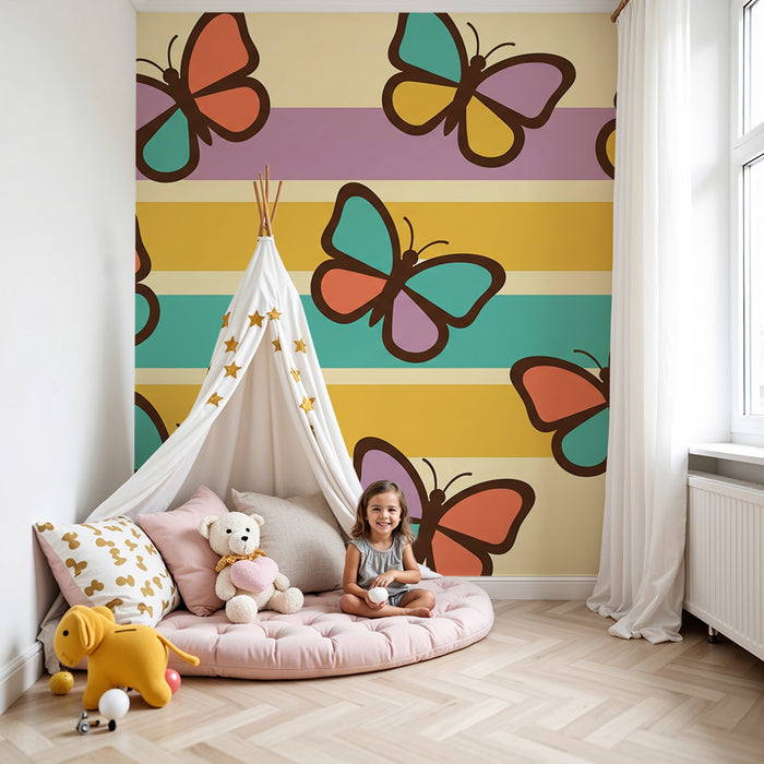 Tapet pentru camera copilului | Fluturi colorați pe fundal cu dungi pastelate