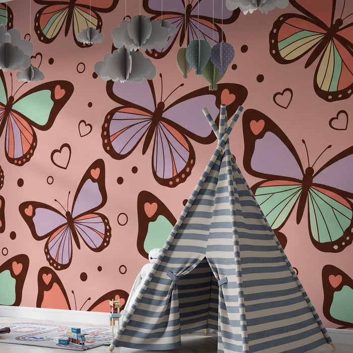 Behang voor babykamer | Kleurrijke vlinders op roze achtergrond met hartjes