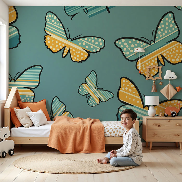 Babykamer behang | Kleurrijke vlinders op turquoise achtergrond