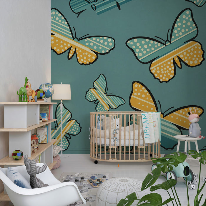 Babykamer behang | Kleurrijke vlinders op turquoise achtergrond