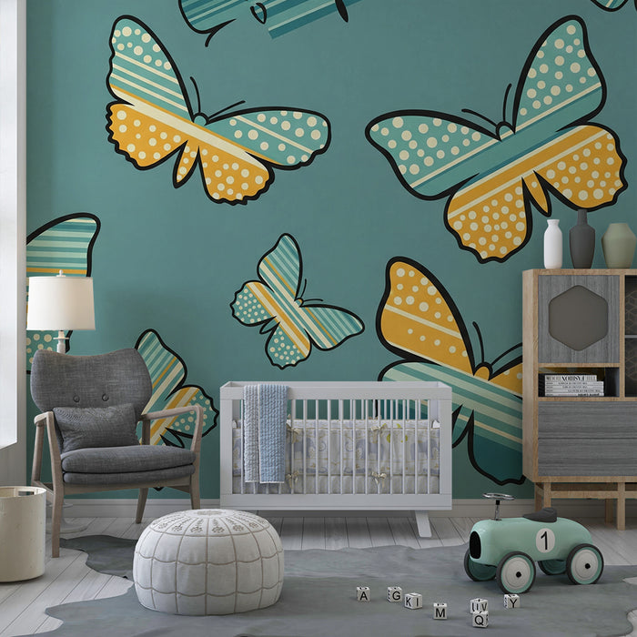 Babykamer behang | Kleurrijke vlinders op turquoise achtergrond