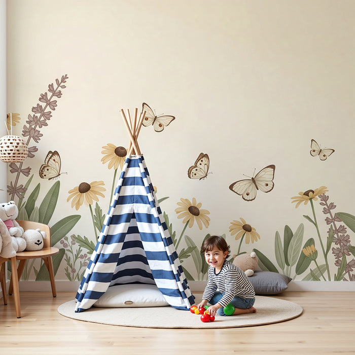 Papier peint chambre bébé | Papillons délicats et fleurs sauvages dans des tons doux