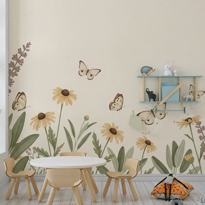 Papier peint chambre bébé | Papillons délicats et fleurs sauvages dans des tons doux