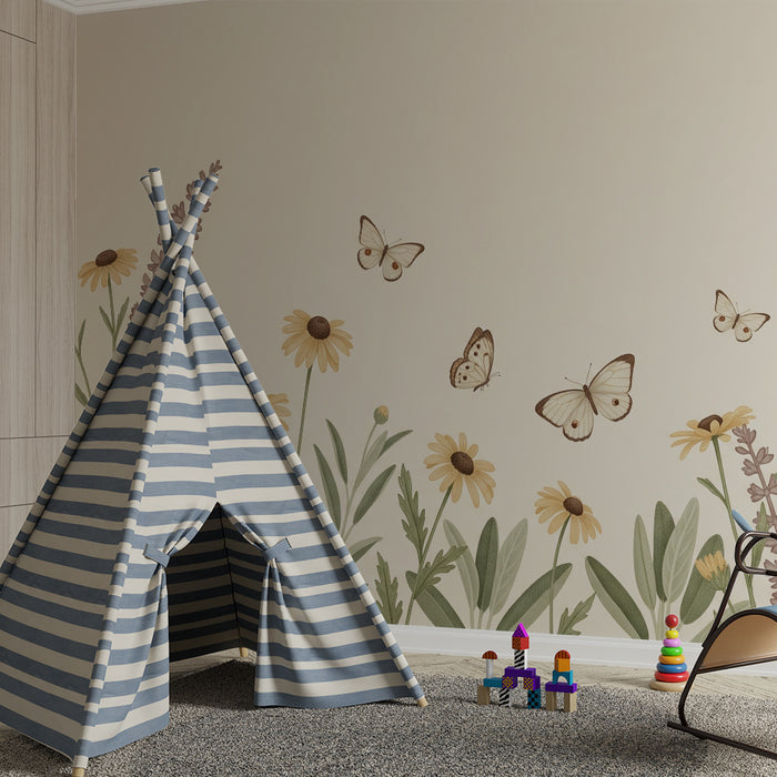 Papier peint chambre bébé | Papillons délicats et fleurs sauvages dans des tons doux