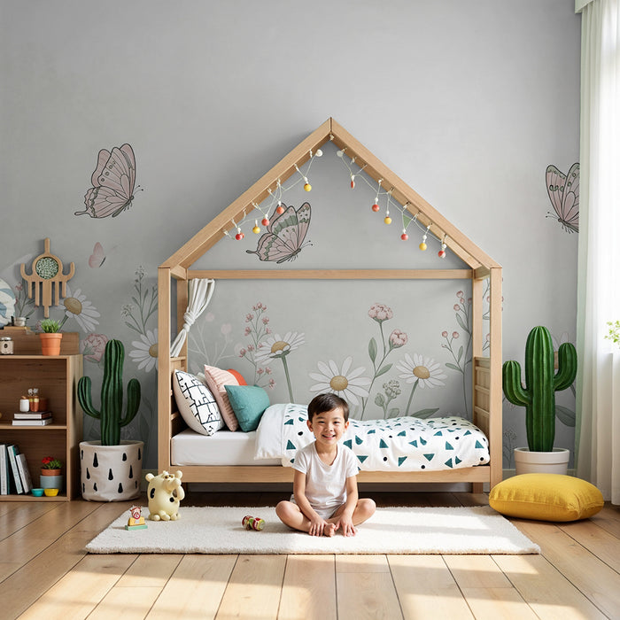 Papel de parede quarto bebê | Delicadas borboletas e flores silvestres em tons pastel