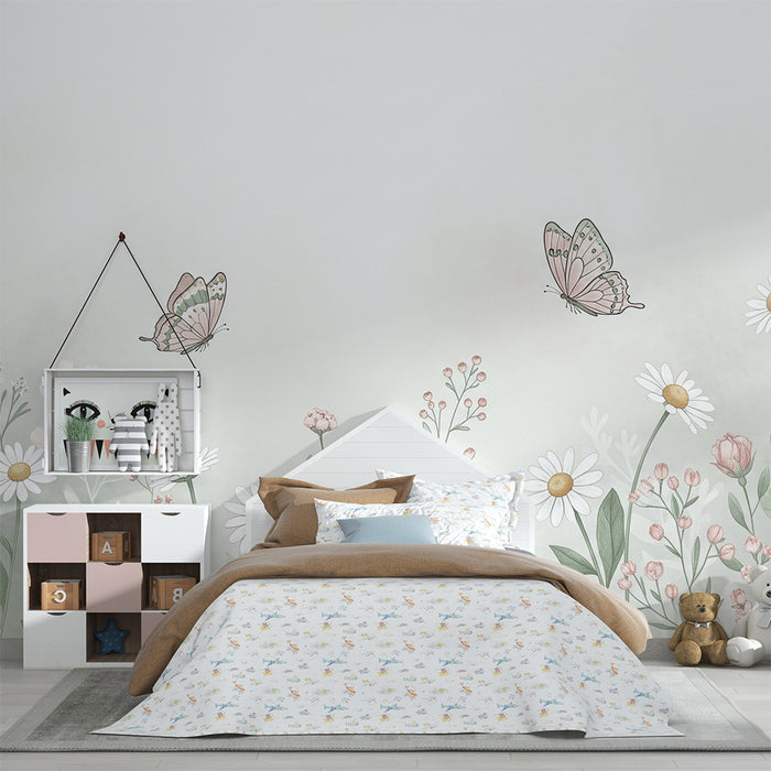 Papel de parede quarto bebê | Delicadas borboletas e flores silvestres em tons pastel