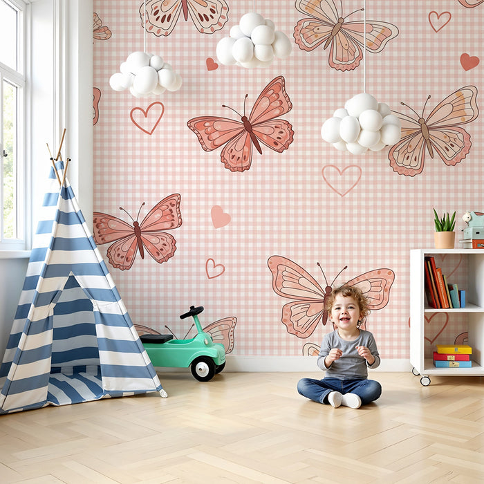 Carta da parati per cameretta bebè | Farfalle delicate su sfondo a quadretti rosa