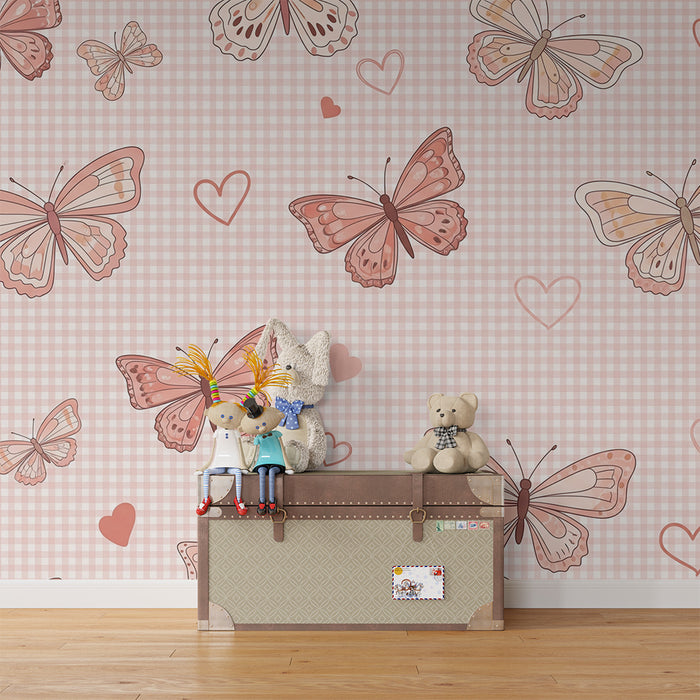 Carta da parati per cameretta bebè | Farfalle delicate su sfondo a quadretti rosa