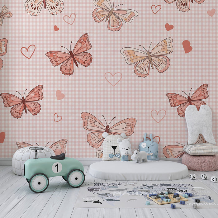 Carta da parati per cameretta bebè | Farfalle delicate su sfondo a quadretti rosa