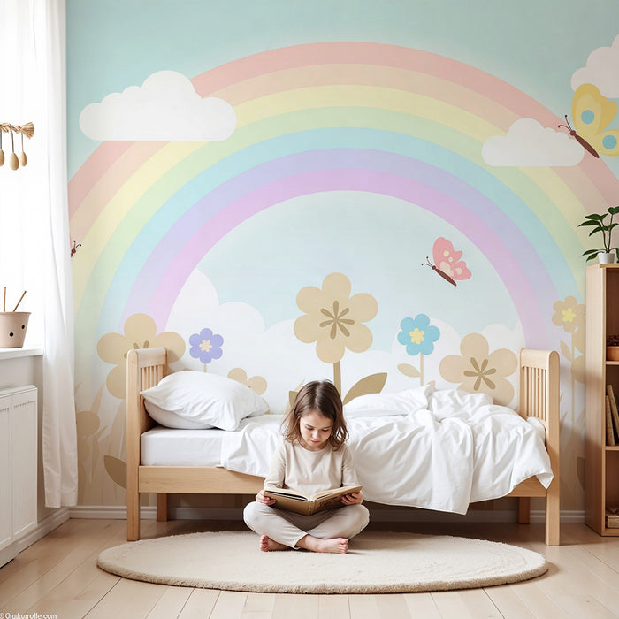 Papel de parede quarto bebê | Πεταλούδες και ουράνιο τόξο σε λουλουδένιο λιβάδι