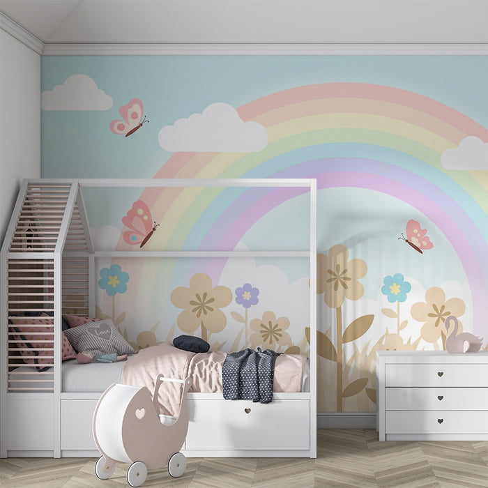 Papel de parede quarto bebê | Πεταλούδες και ουράνιο τόξο σε λουλουδένιο λιβάδι