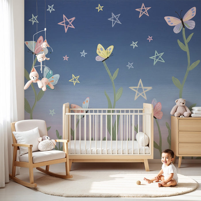 Papel de parede quarto bebê | Borboletas e estrelas em um céu suave