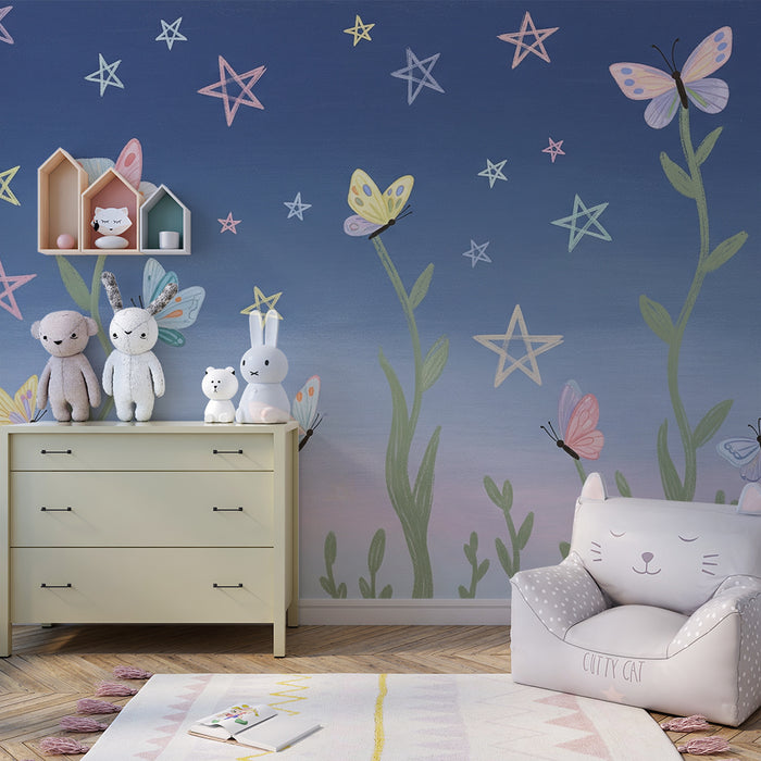 Papel de parede quarto bebê | Borboletas e estrelas em um céu suave