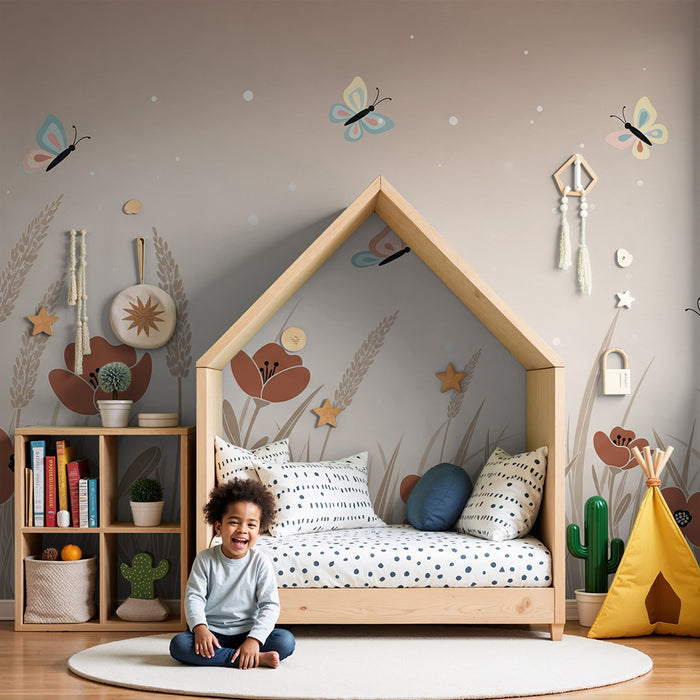 Papier peint chambre bébé | Papillons et fleurs dans un champ doux