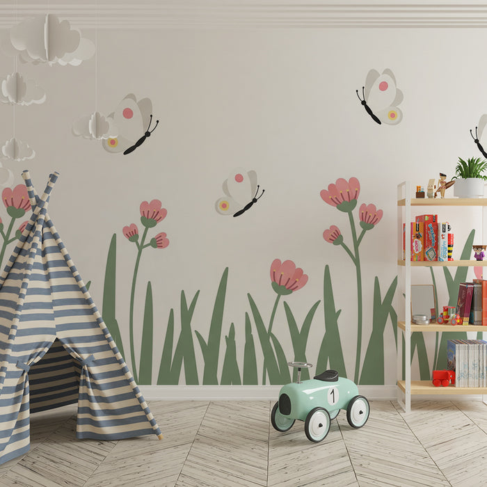 Papel de parede quarto bebê | Borboletas e flores delicadas