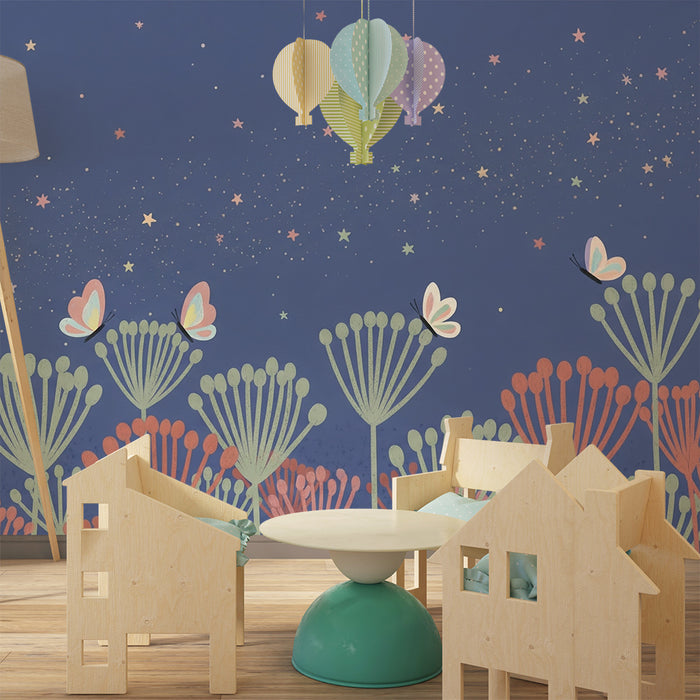 Papel de parede quarto bebê | Borboletas e flores estreladas
