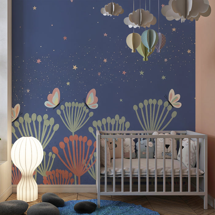 Papel de parede quarto bebê | Borboletas e flores estreladas