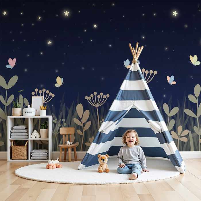 Carta da parati bambini | Farfalle e fiori sotto le stelle