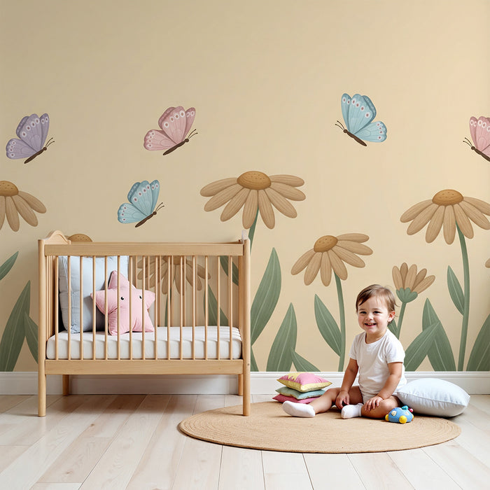 Papel de parede quarto bebê | Borboletas e flores