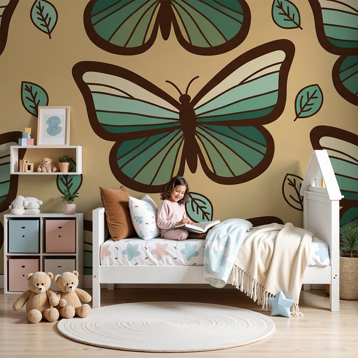 Papel de parede para quarto de bebé | Borboletas turquesa e folhas sobre fundo bege