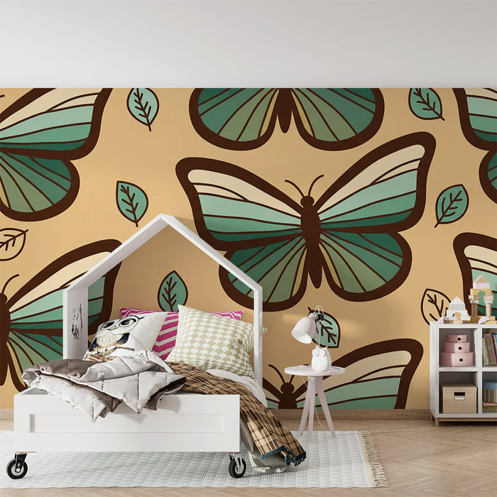 Papel de parede para quarto de bebé | Borboletas turquesa e folhas sobre fundo bege