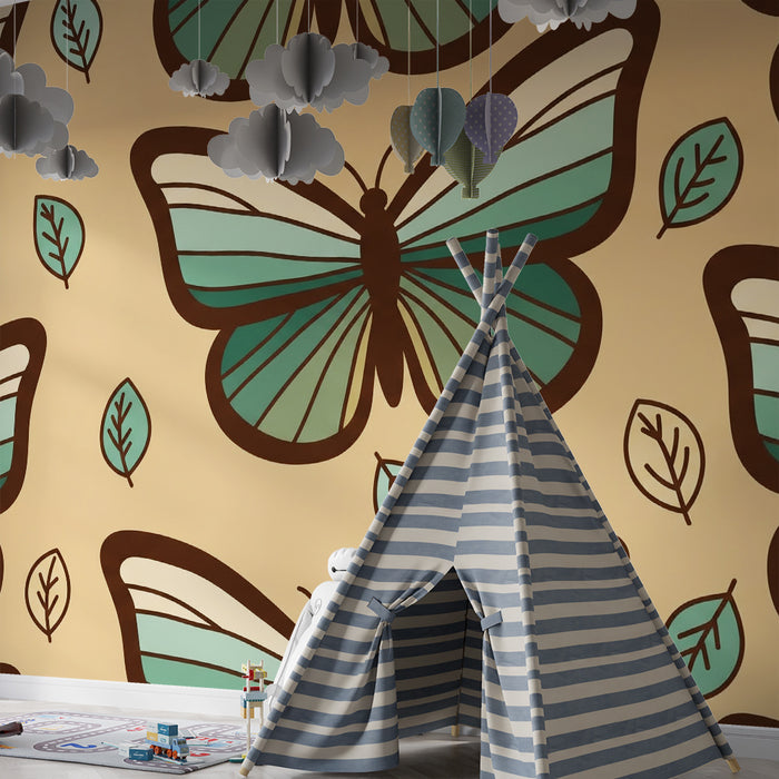 Papel de parede para quarto de bebé | Borboletas turquesa e folhas sobre fundo bege